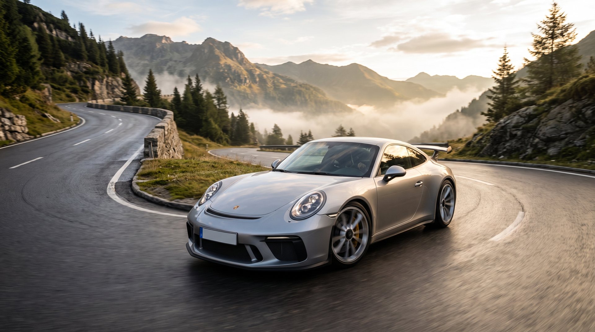 Sports car on a mountain hairpin at dawn