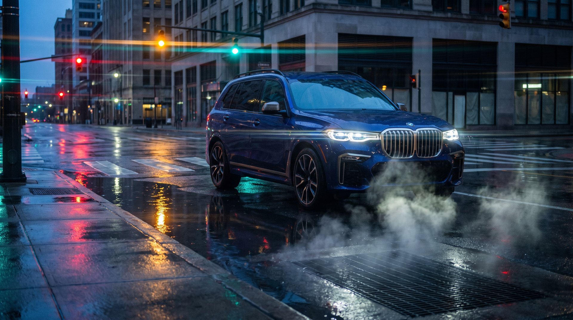 SUV on a rain-wet city street at night