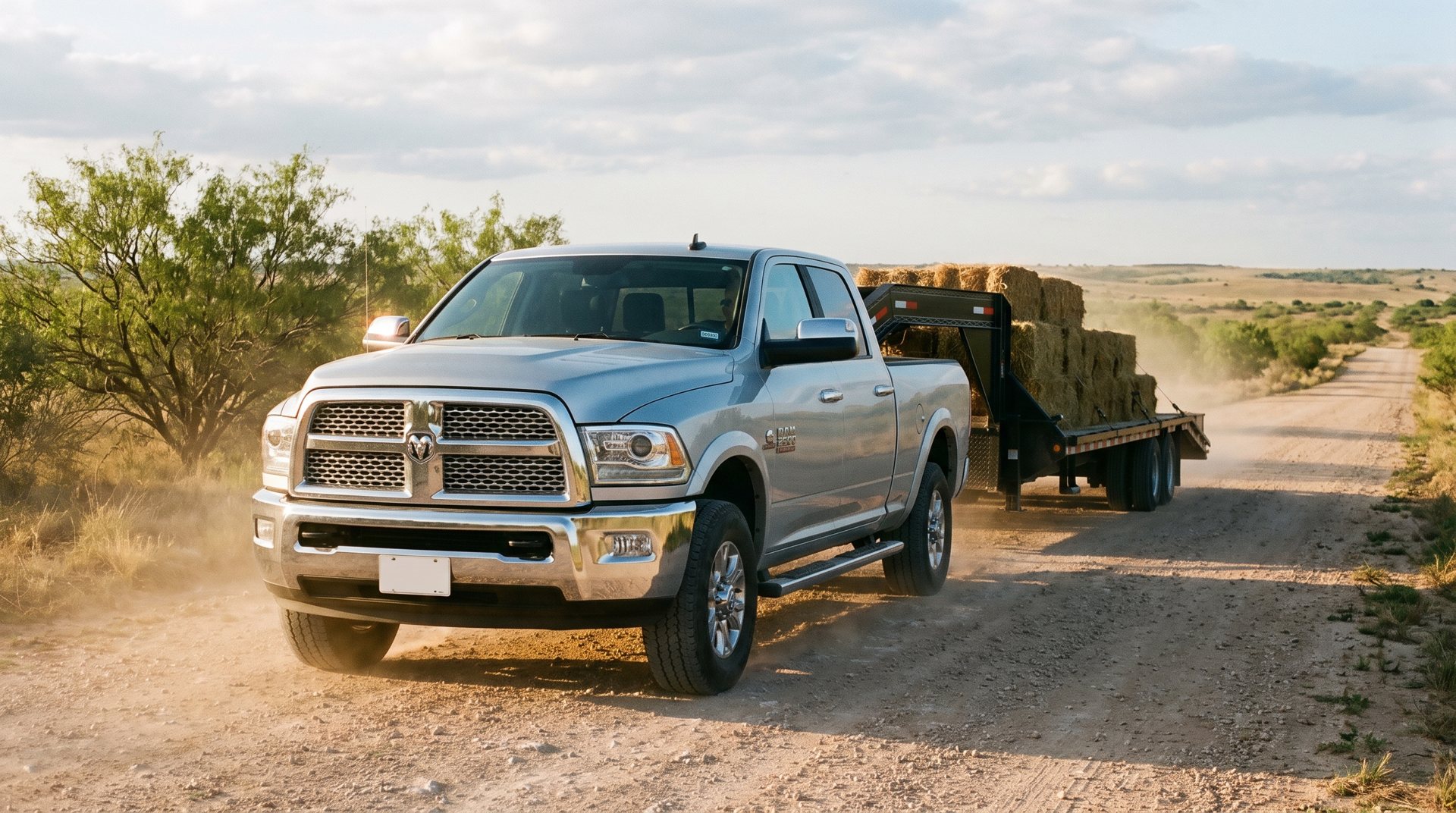 Heavy-duty pickup towing on a dirt road