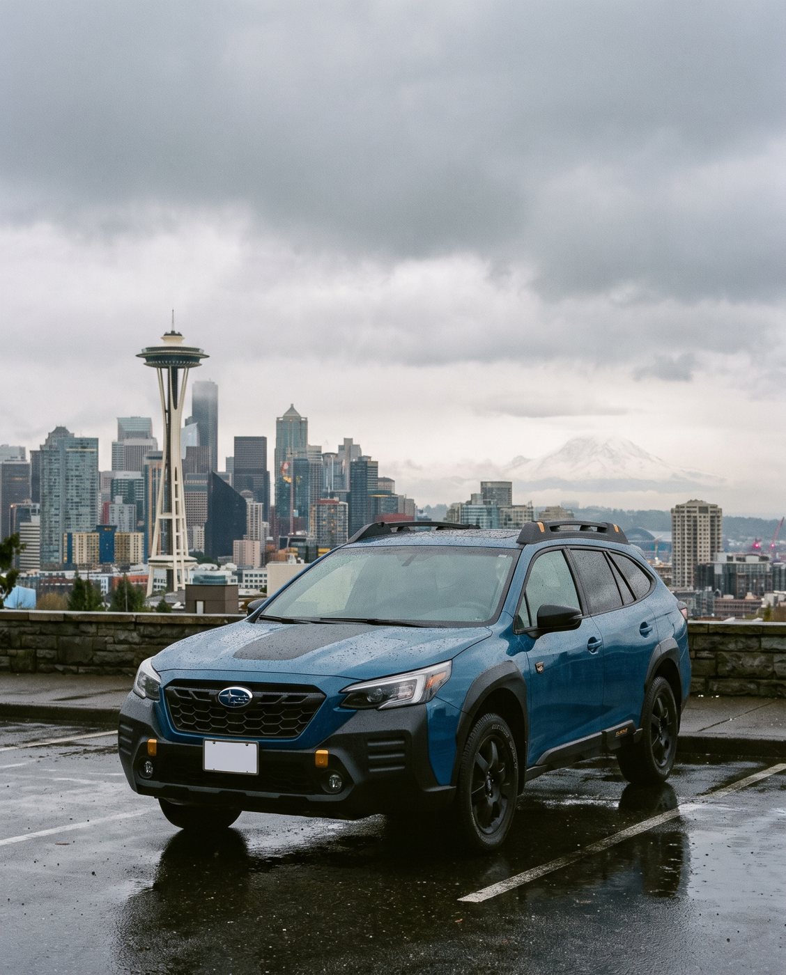 Blue wagon with a city skyline behind