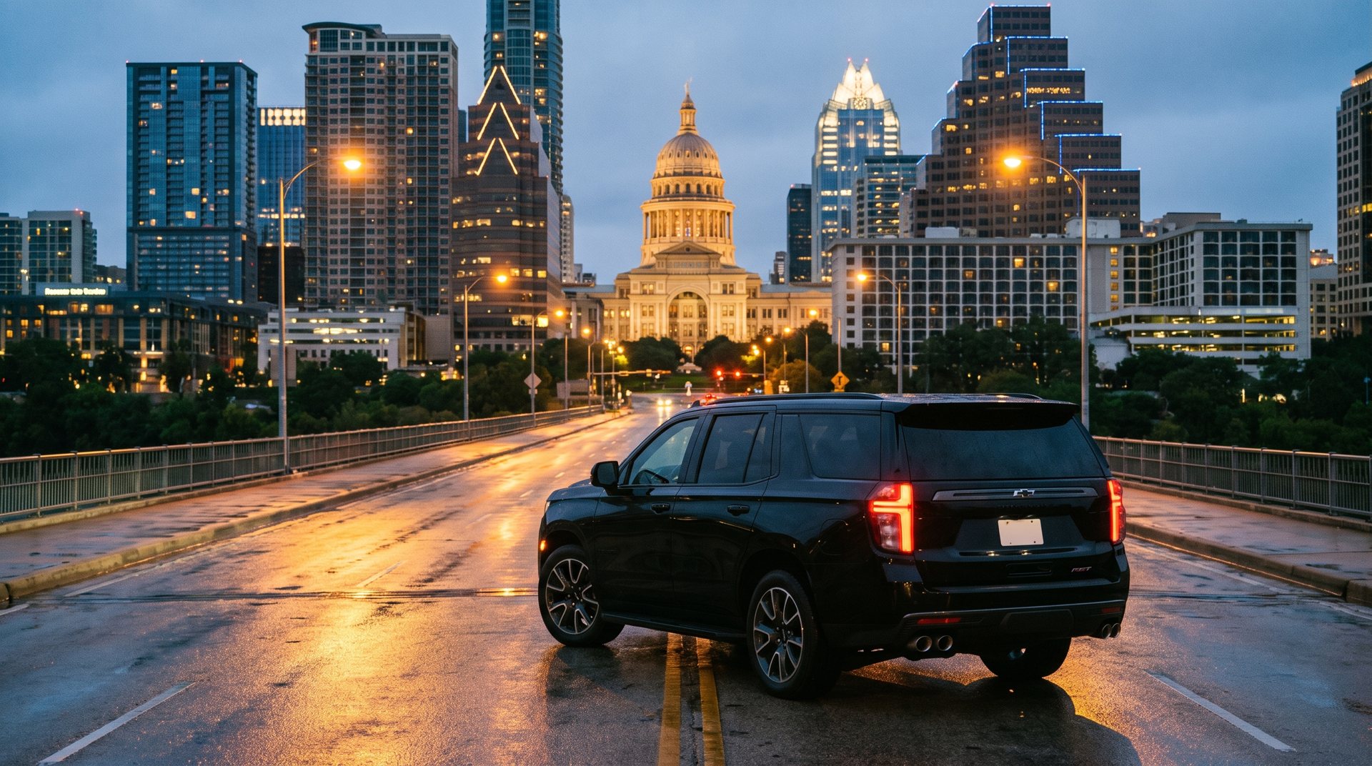 Black SUV on a bridge with a city skyline at dusk